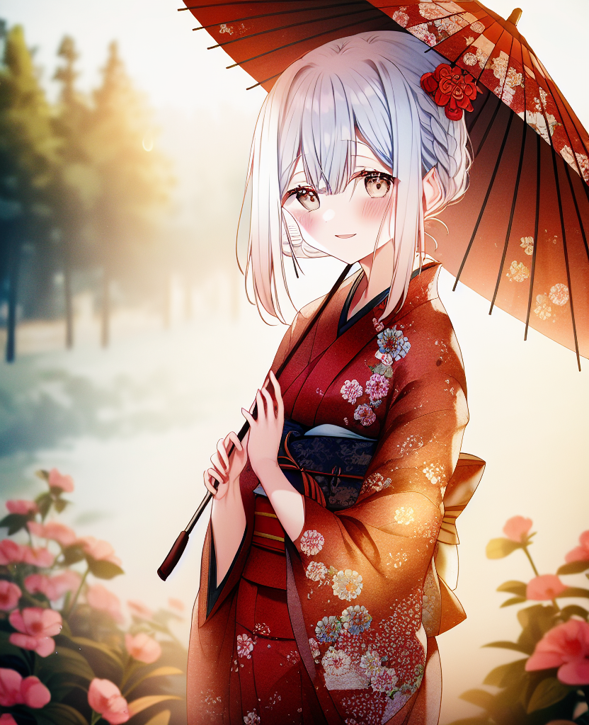01784-1808118123-1girl, japanese clothes, umbrella, solo, kimono, oil-paper umbrella, outdoors, holding, looking at viewer, floral print, holding.png